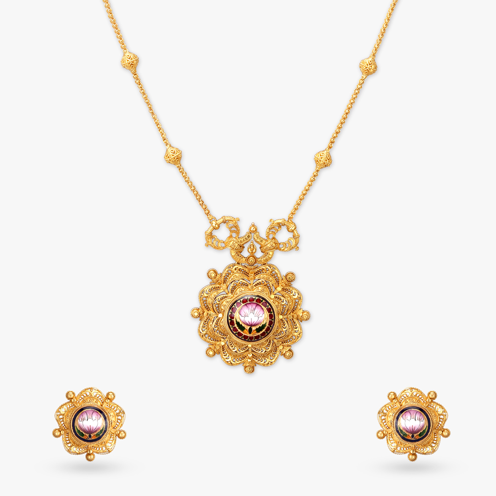Floral Enamel Gold Necklace Set,,hi-res image number null