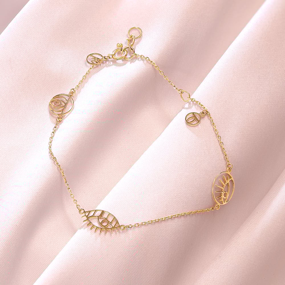 14KT Yellow Gold Multi Charm Evil Eye Bracelet,,hi-res image number null