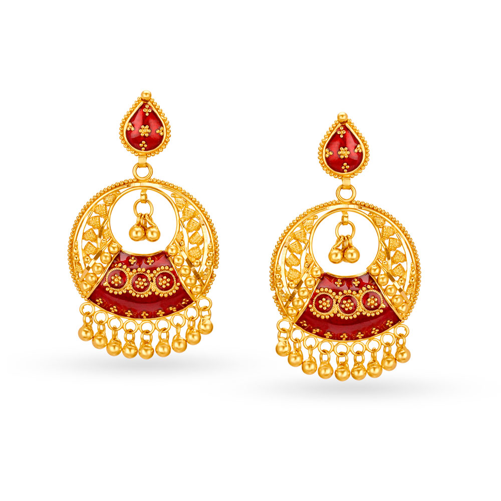 Striking 22 Karat Yellow Gold Beaded Meenakari Drop Earrings,,hi-res image number null