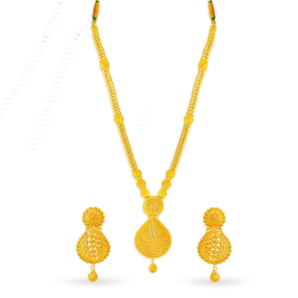 

Coruscating Yellow Gold Beaded Teardrop Necklace and Earrings Set