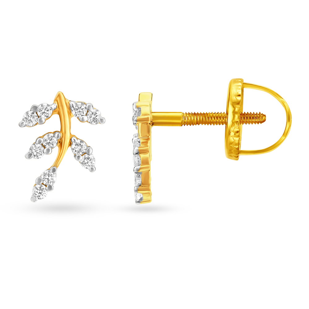 Artistic Leaf Pattern Diamond and Gold Stud Earrings,,hi-res image number null