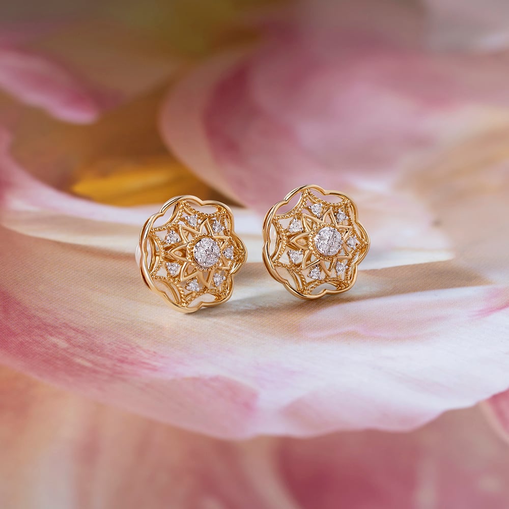 Ornate Filigree Gold & Diamond Stud Earrings,,hi-res image number null