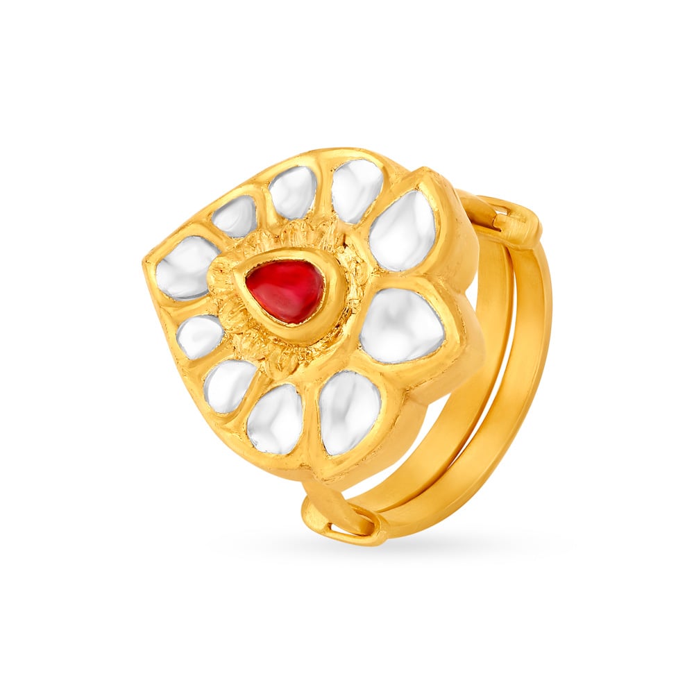 Veerangana Gold Plated Blush Pink Pearls and Oval Cut Kundan Ring – VOYLLA