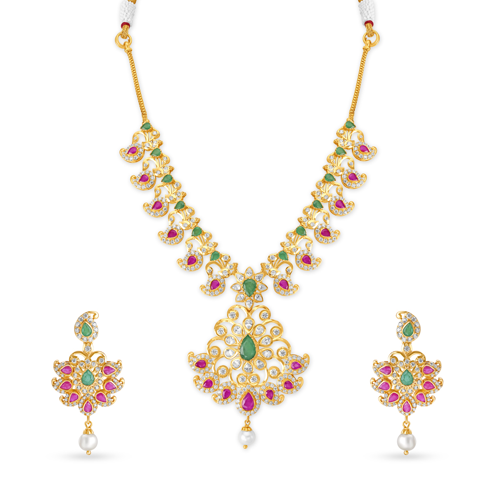 Stunning Gold Necklace Set With Cubic Zirconia, Emeralds and Pearls,,hi-res image number null