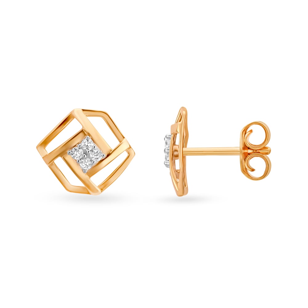 Geometric Stunning Gold and Diamond Stud Earrings,,hi-res image number null