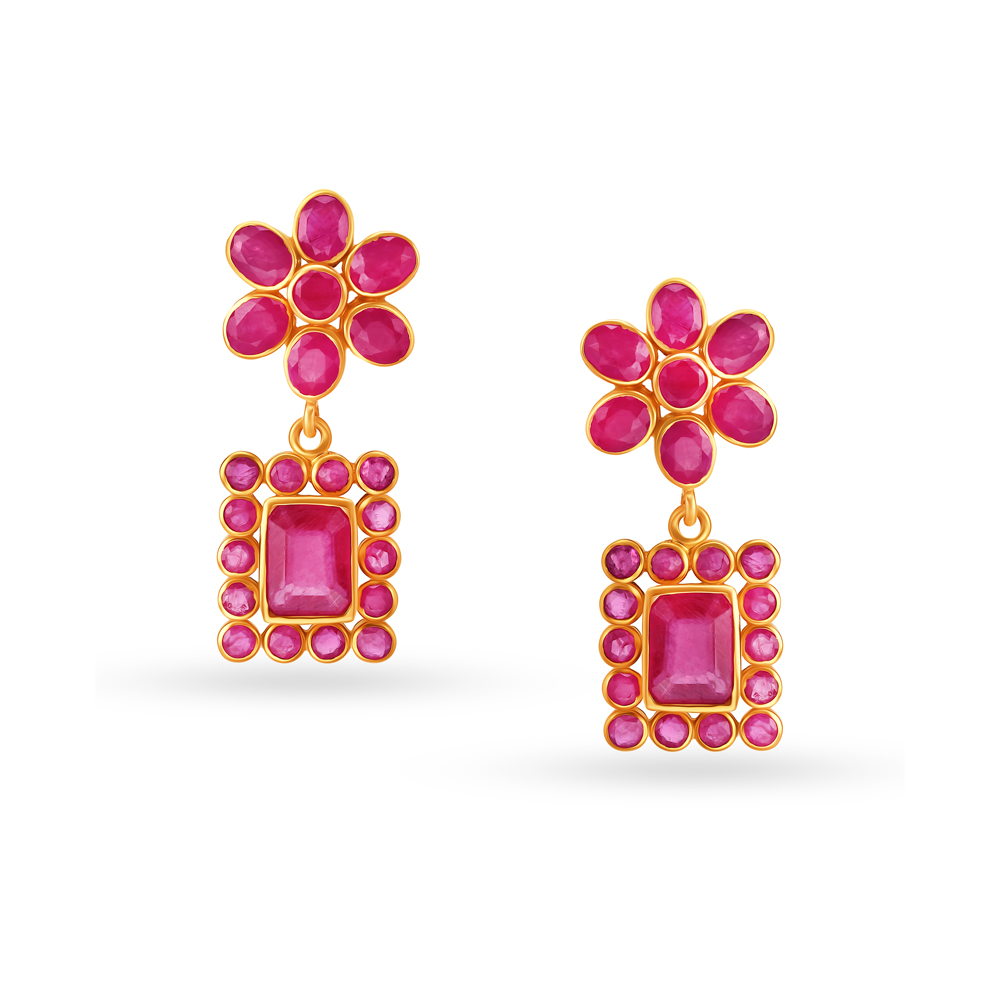 Sultry Ruby Floral Gold Drop Earrings,,hi-res image number null