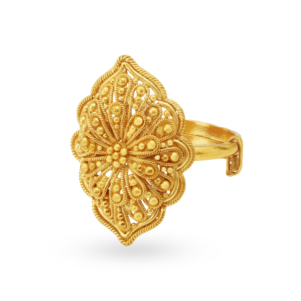 Floral Gold Burfi Ring with Opulent Rava Work,,hi-res image number null