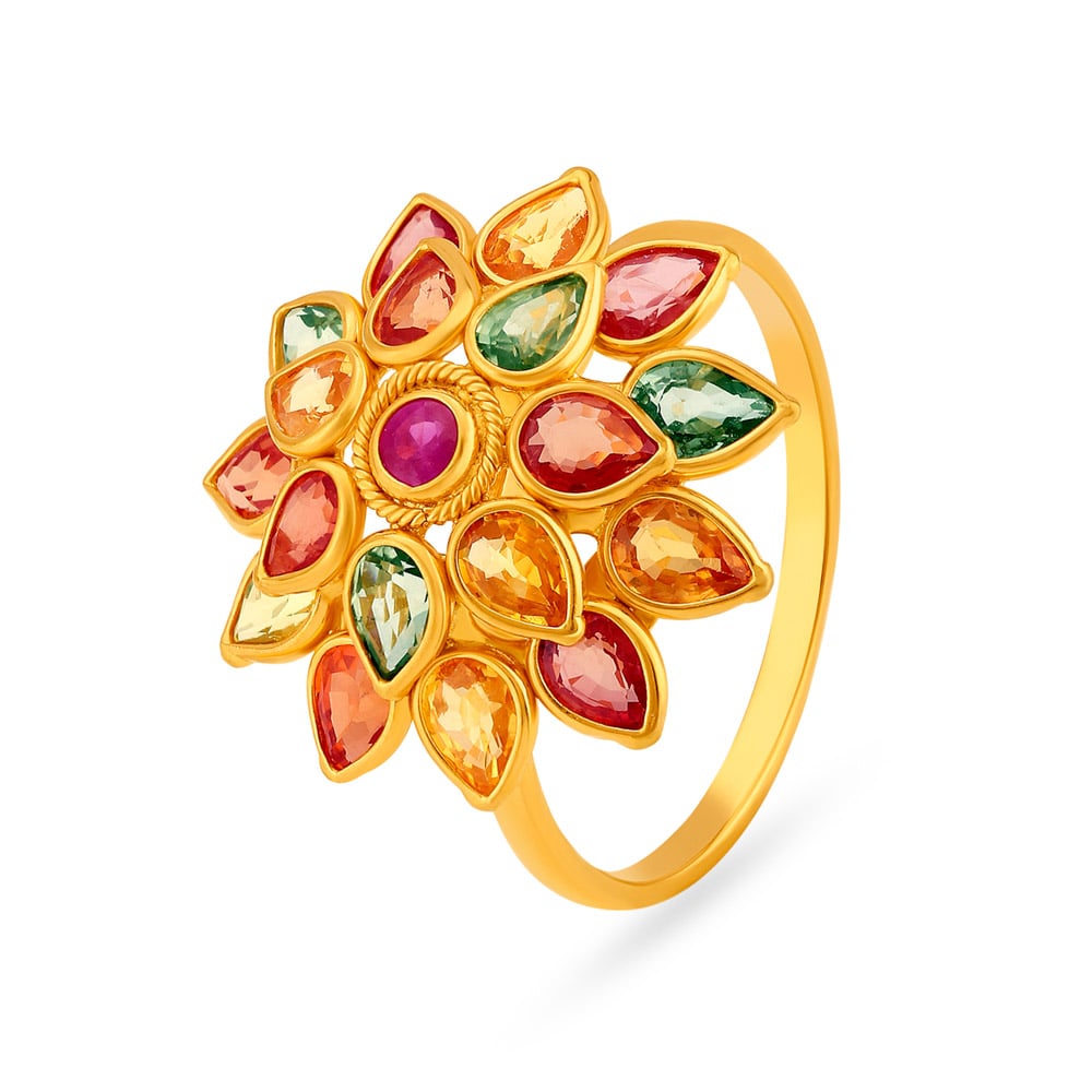 

Magnificent 22 Karat Yellow Gold Colourful Stone Studded Finger Ring
