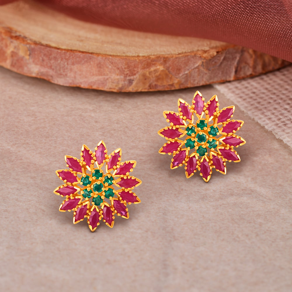 Radiant Ruby and Emerald Blossom Stud Earrings