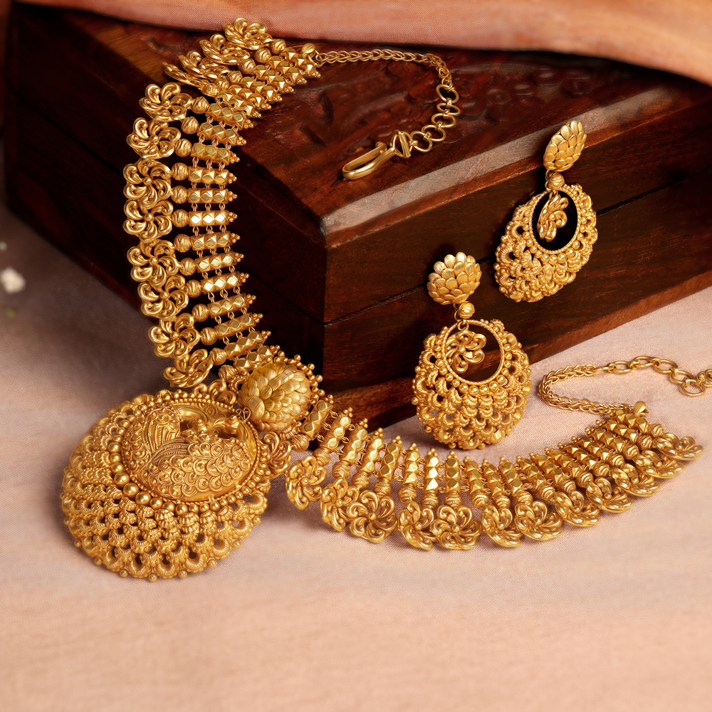 Peacock and Floral Motif Gold Necklace Set,,hi-res image number null