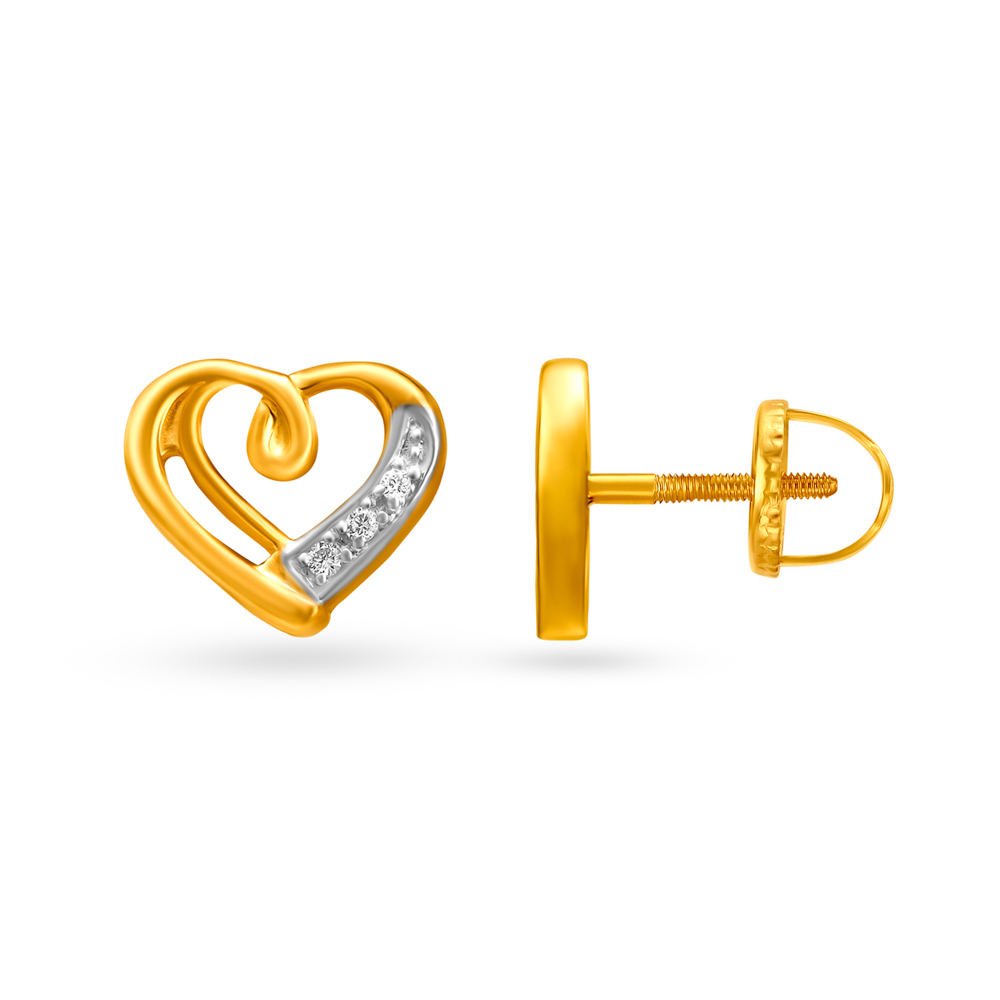 Contemporary Dainty Heart Shaped Diamond and Gold Stud Earrings,,hi-res image number null