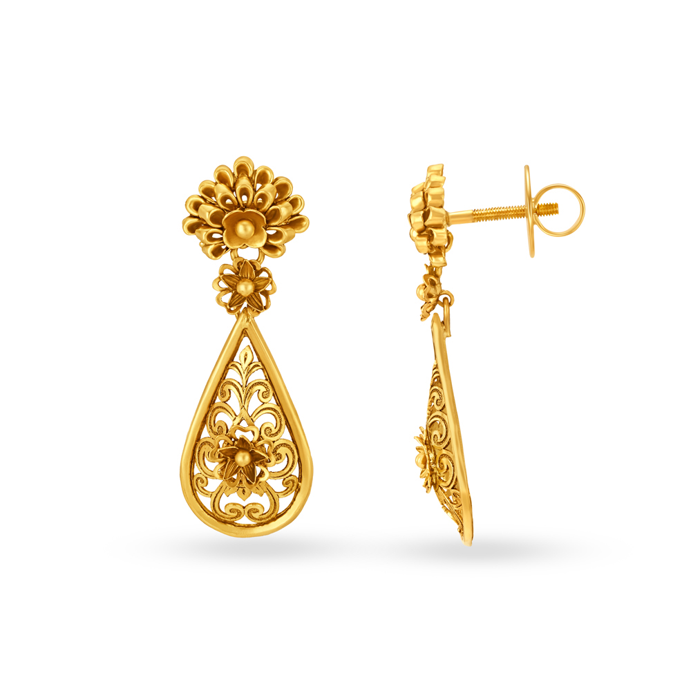 Lovely 22 Karat Yellow Gold Floral Drop Earrings