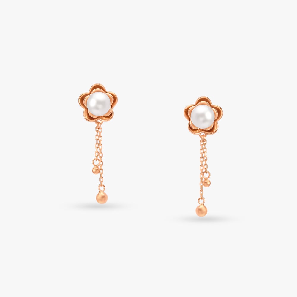 Floral Pearl Gold Drop Earrings,,hi-res image number null