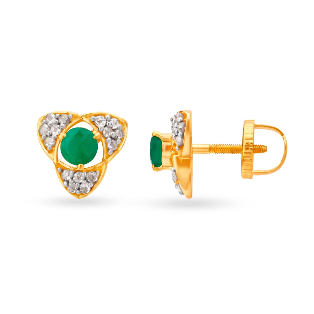 Arresting 18 Karat Yellow Gold And Emerald Triangular Studs,,hi-res image number null