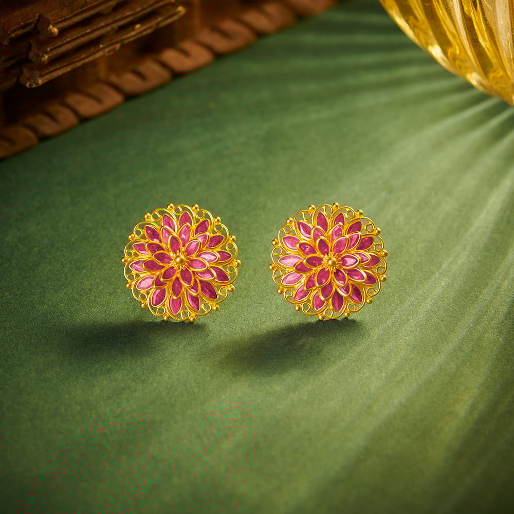 Irresistible 22 Karat Yellow Gold Floral Stud Earrings,,hi-res image number null