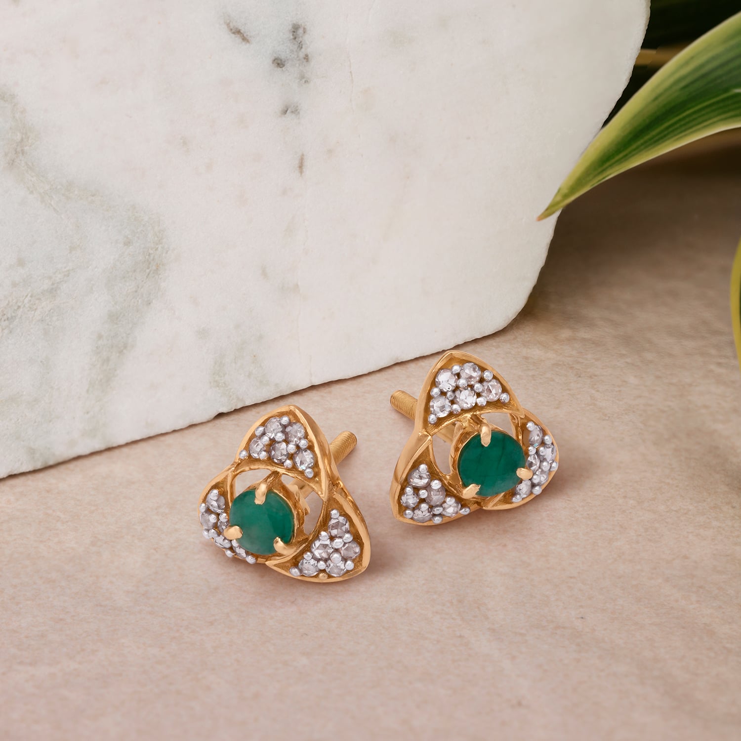 Arresting 18 Karat Yellow Gold And Emerald Triangular Studs,,hi-res image number null