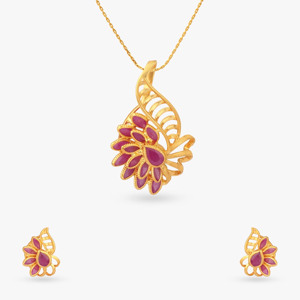 Petal Arc Gold Pendant and Earring Set,,hi-res image number null