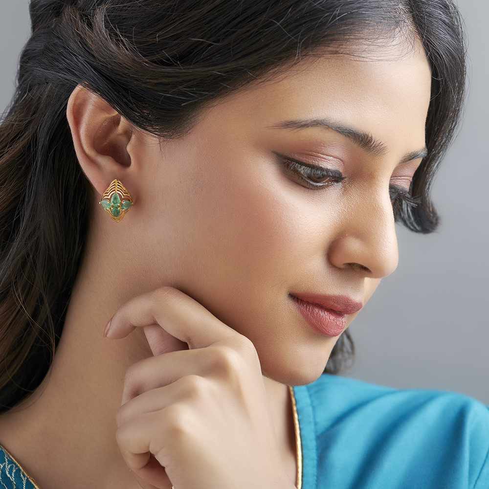 Gilded Elegance Emerald Stud Earrings,,hi-res image number null