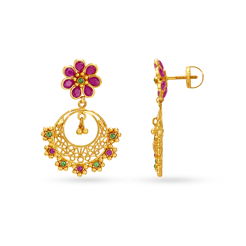 Traditional Floral Motif Gold Drop Earrings,,hi-res image number null