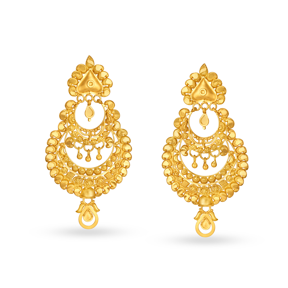Decorative 22 Karat Yellow Gold Chandbali Drop Earrings