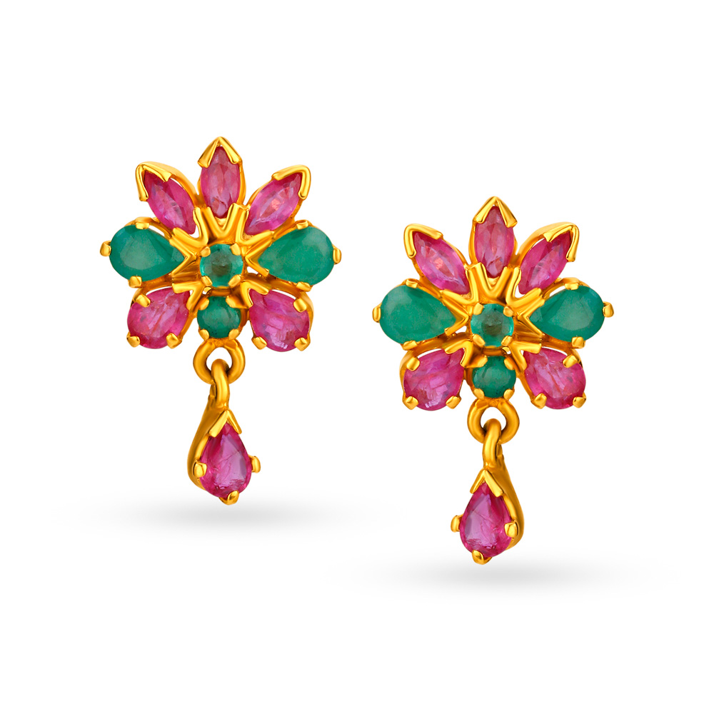 Delightful 22 Karat Gold And Ruby Drop Earrings