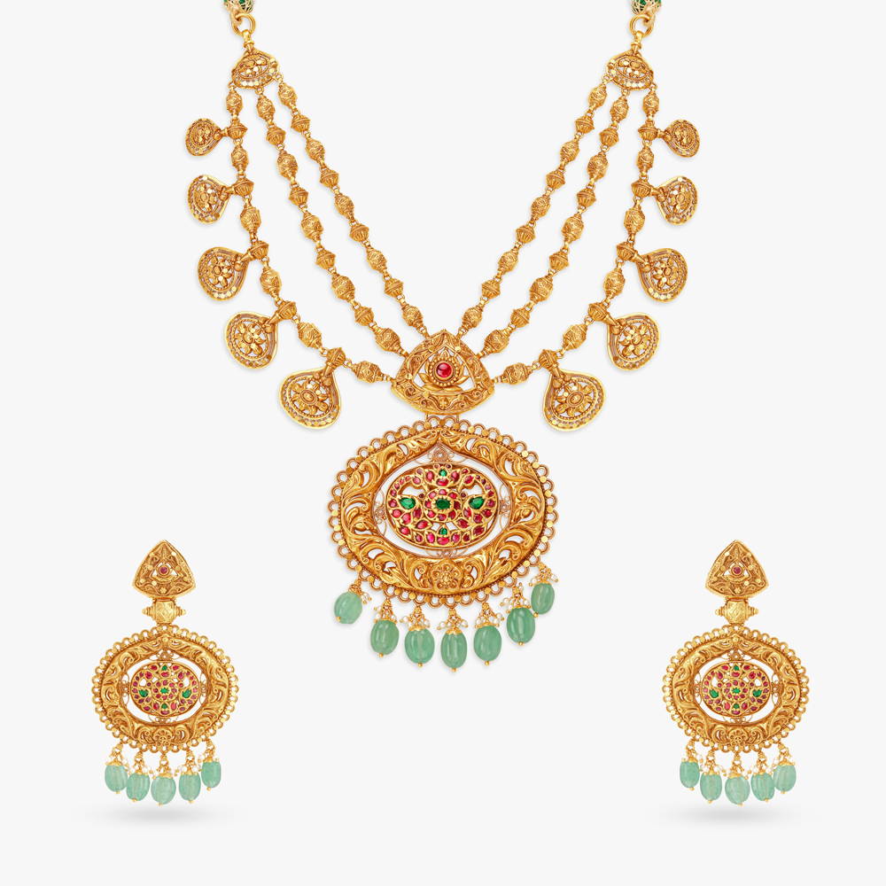 Sumptuous Layered Necklace Set with Nakashi and Kempu Work,,hi-res image number null