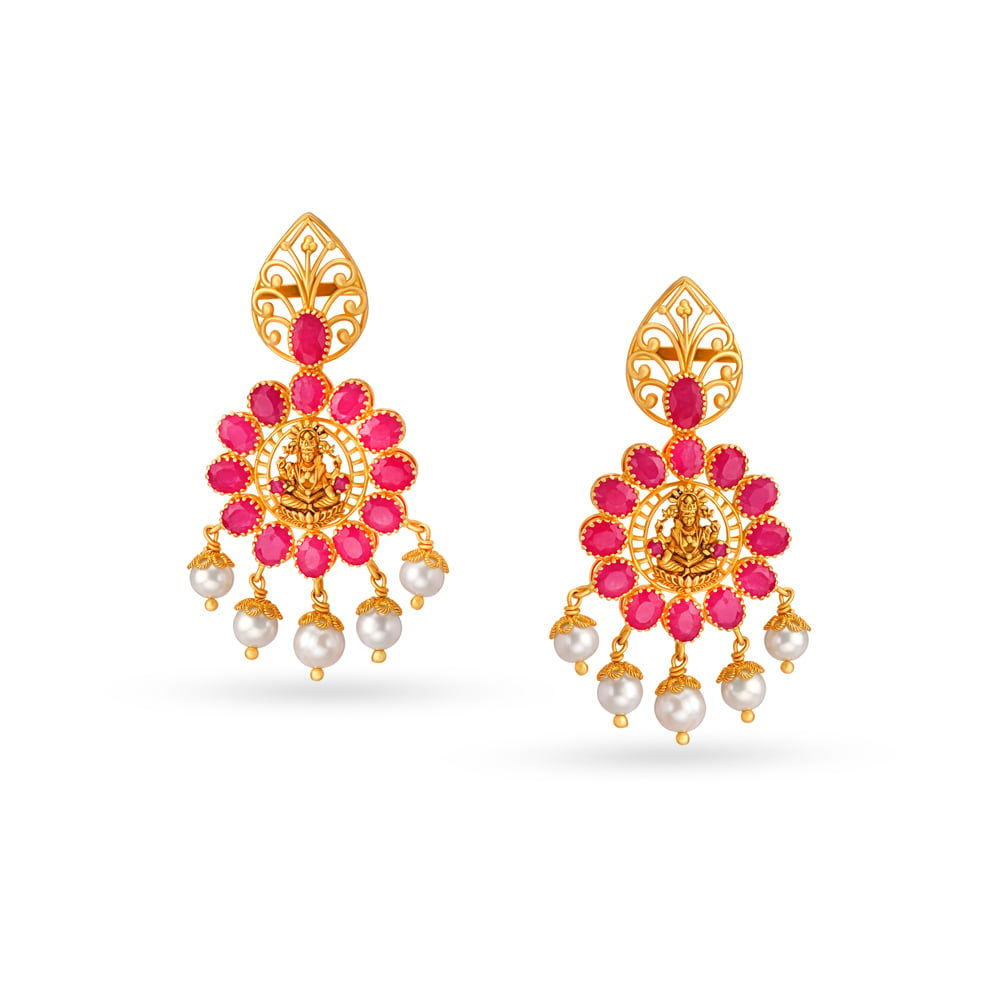 Pearl And Ruby Lakshmi Motif Gold Drop Earrings