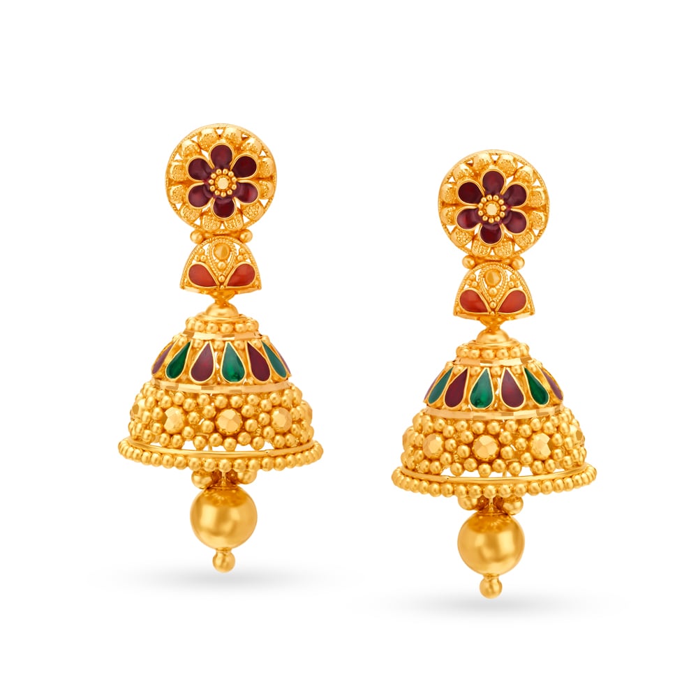 

Luxurious Yellow Gold Beaded Floral Drop Earrings
