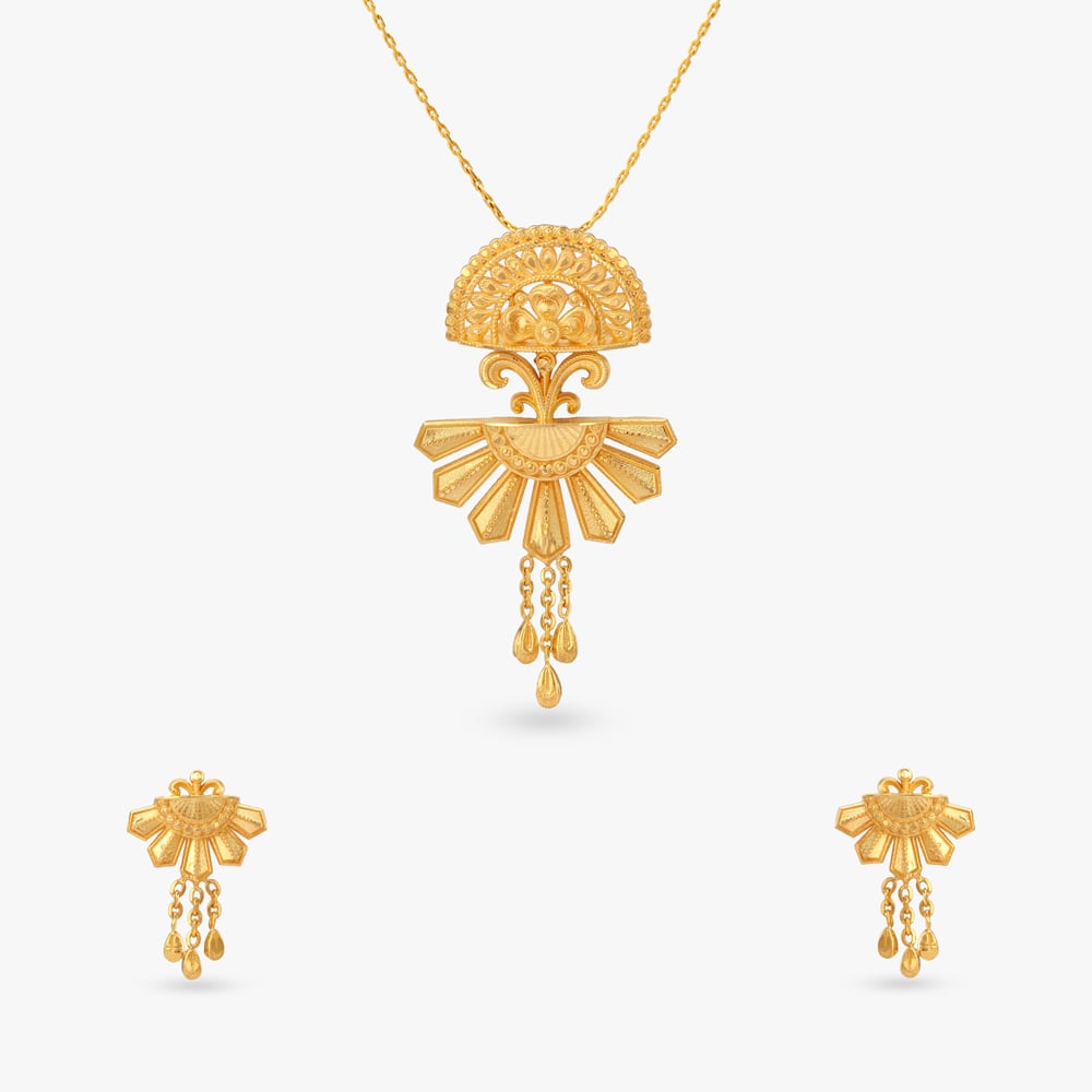 

Sunlit Elegance Gold Pendant and Earrings Set