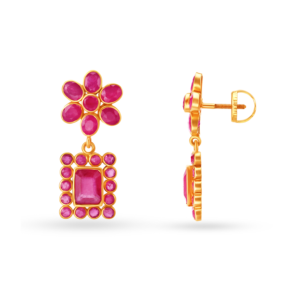 Sultry Ruby Floral Gold Drop Earrings,,hi-res image number null