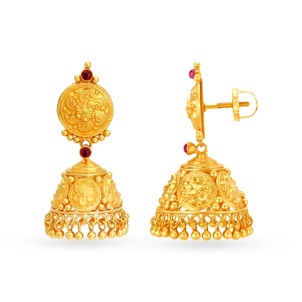 Traditional 22 Karat Yellow Gold Beaded Jhumkas,,hi-res image number null
