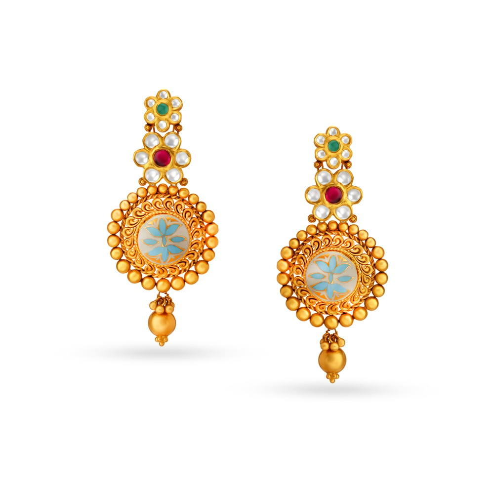 Floral Motif Gold Drop Earrings With Beads