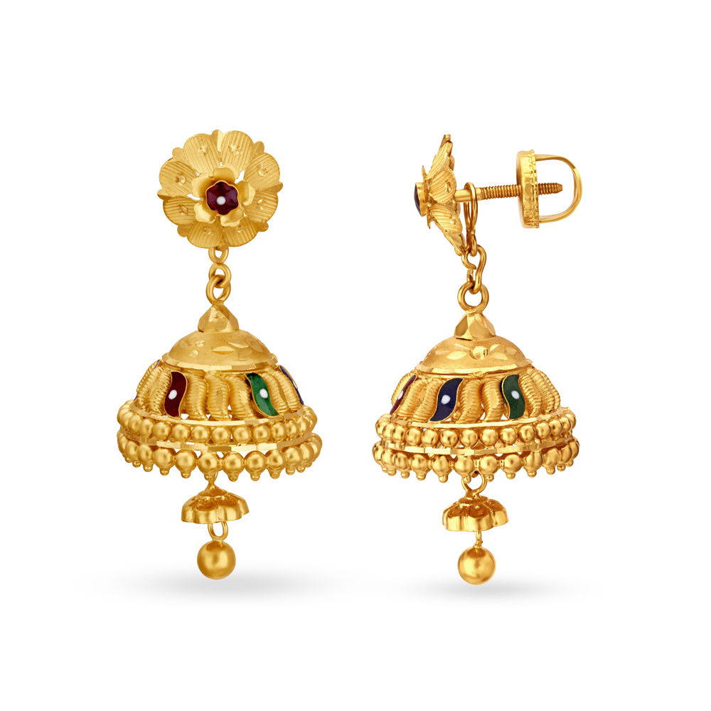 Radiant Meenakari Gold Jhumka Earrings,,hi-res image number null