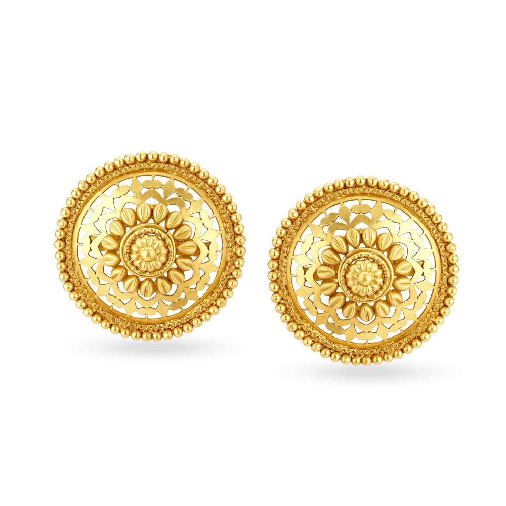 Regal 18 Karat Yellow Gold Floral Chakra Stud Earrings,,hi-res image number null