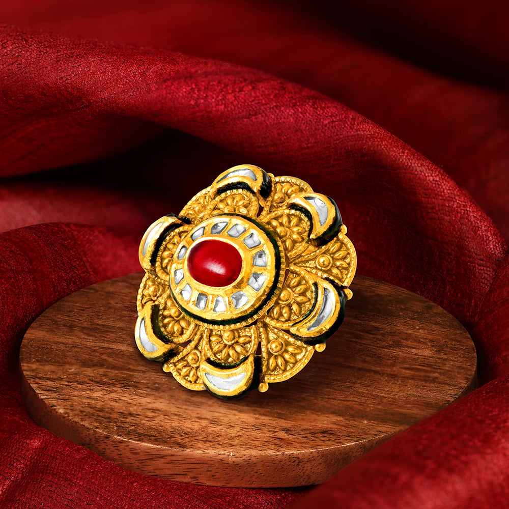 Vintage 22 Karat Gold And Kundan Glass Floral Ring,,hi-res image number null