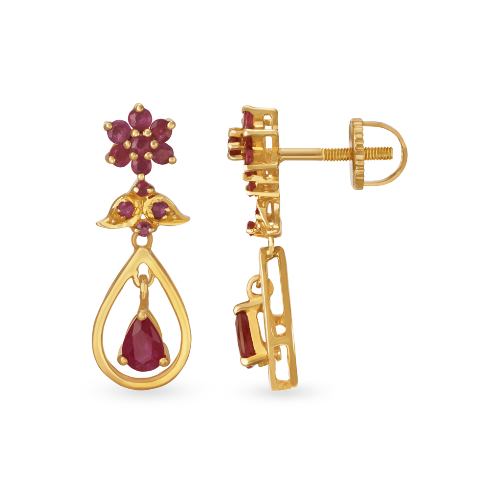 Delightful 18 Karat Gold And Ruby Floral Drop Earrings,,hi-res image number null