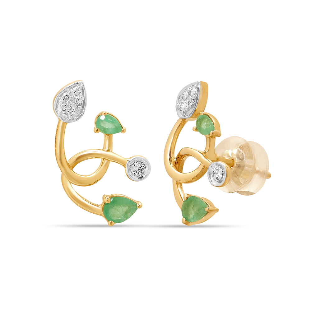 14KT Yellow Gold Flowy Emerald And Diamond Stud Earrings,,hi-res image number null
