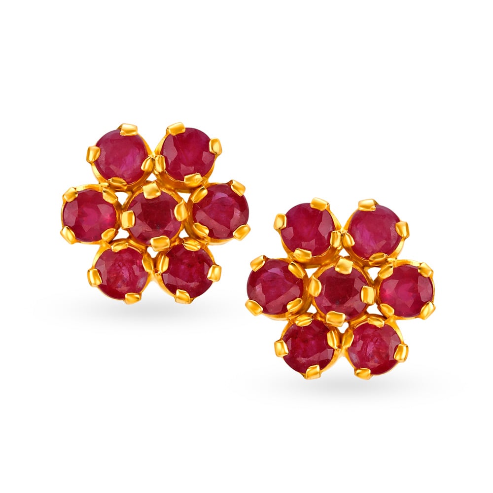 Dainty 22 Karat Gold And Ruby Floral Stud Earrings