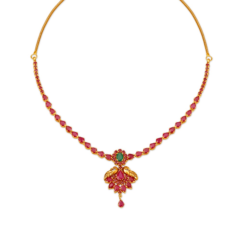 Alluring Peacock Design Emerald And Ruby Gold Necklace,,hi-res image number null