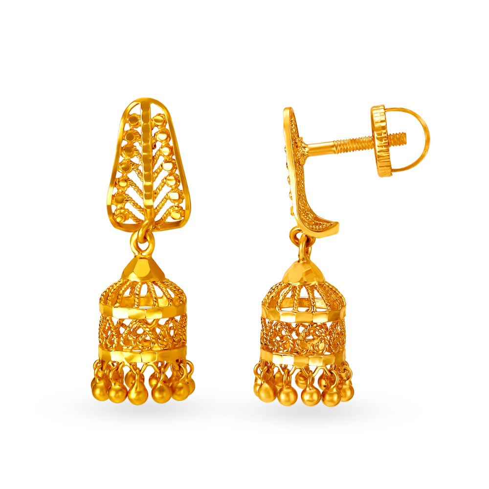 Decorated 22 Karat Yellow Gold Filigree Jhumkas,,hi-res image number null