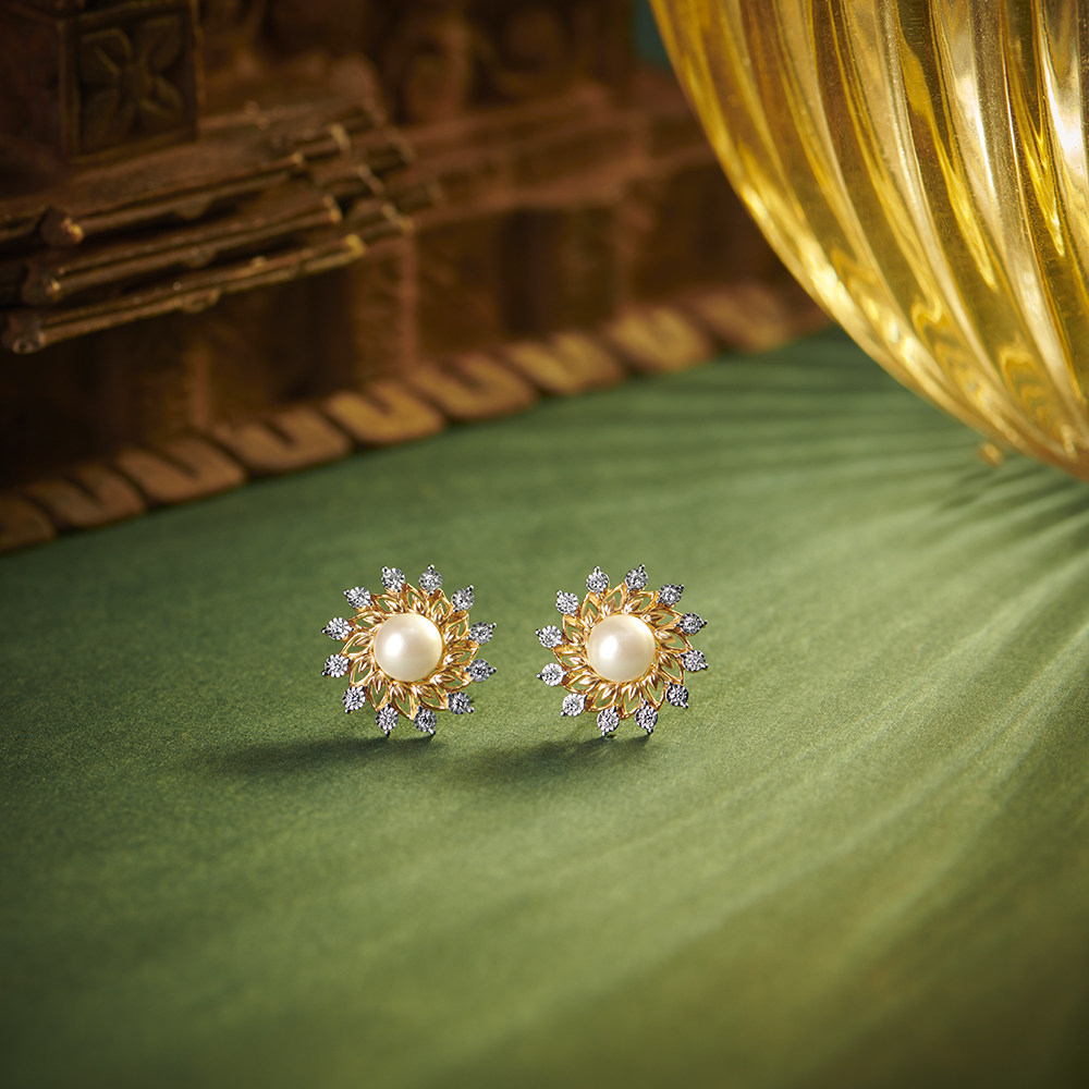 Magnificent Floral Diamond Stud Earrings in Yellow and White Gold