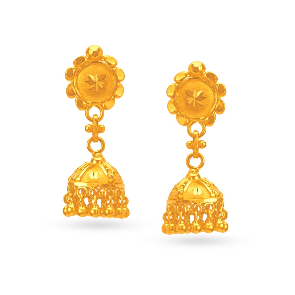 

Exquisite Gold Jhumka Earrings with Floral Tops