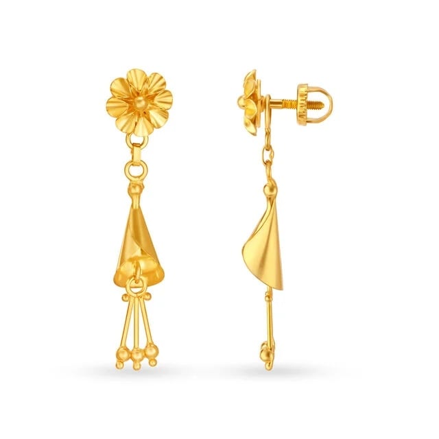 Modish 22 Karat Yellow Gold Floral Drop Earrings,,hi-res image number null