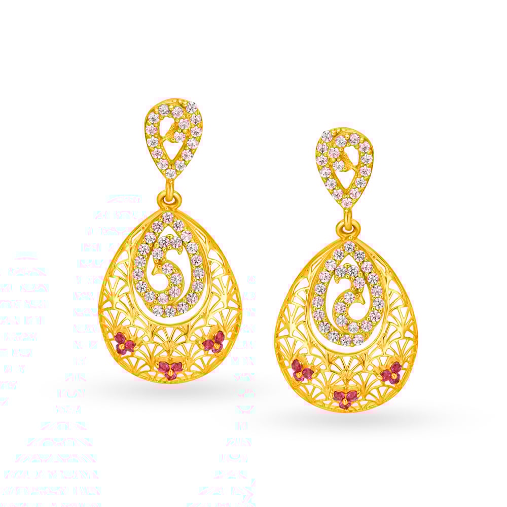 

Striking Peacock Gold Drop Earrings