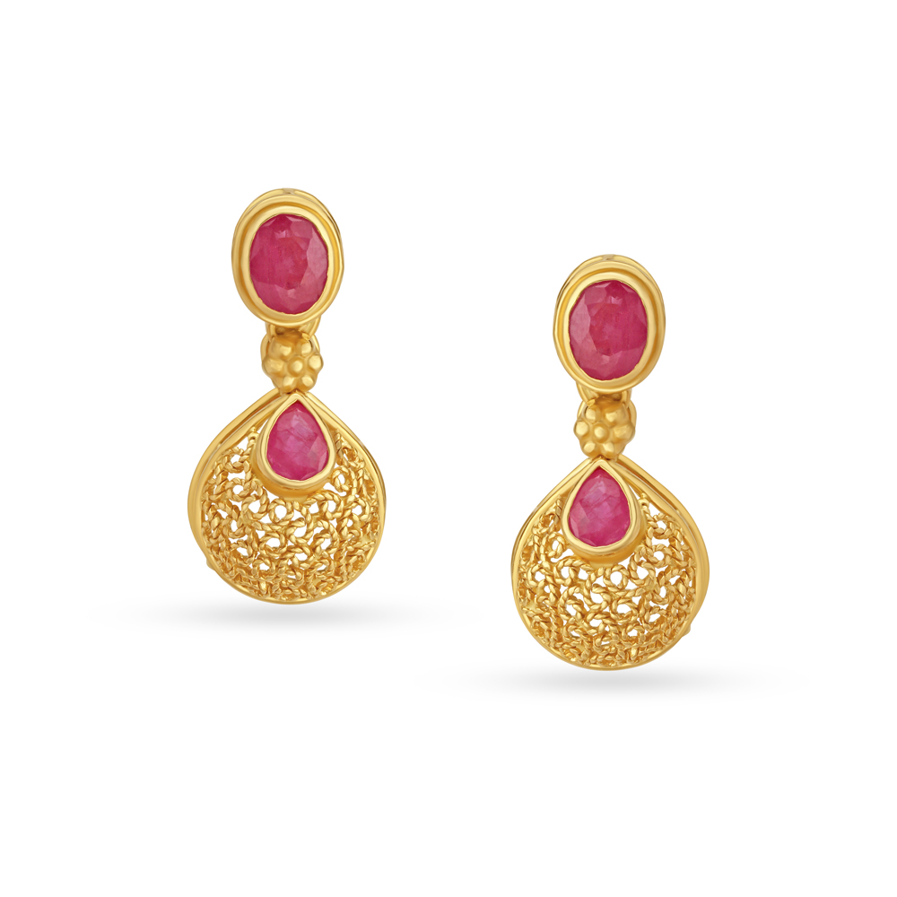 Ruby Teardrop Pattern Gold Drop Earrings With Jali Work