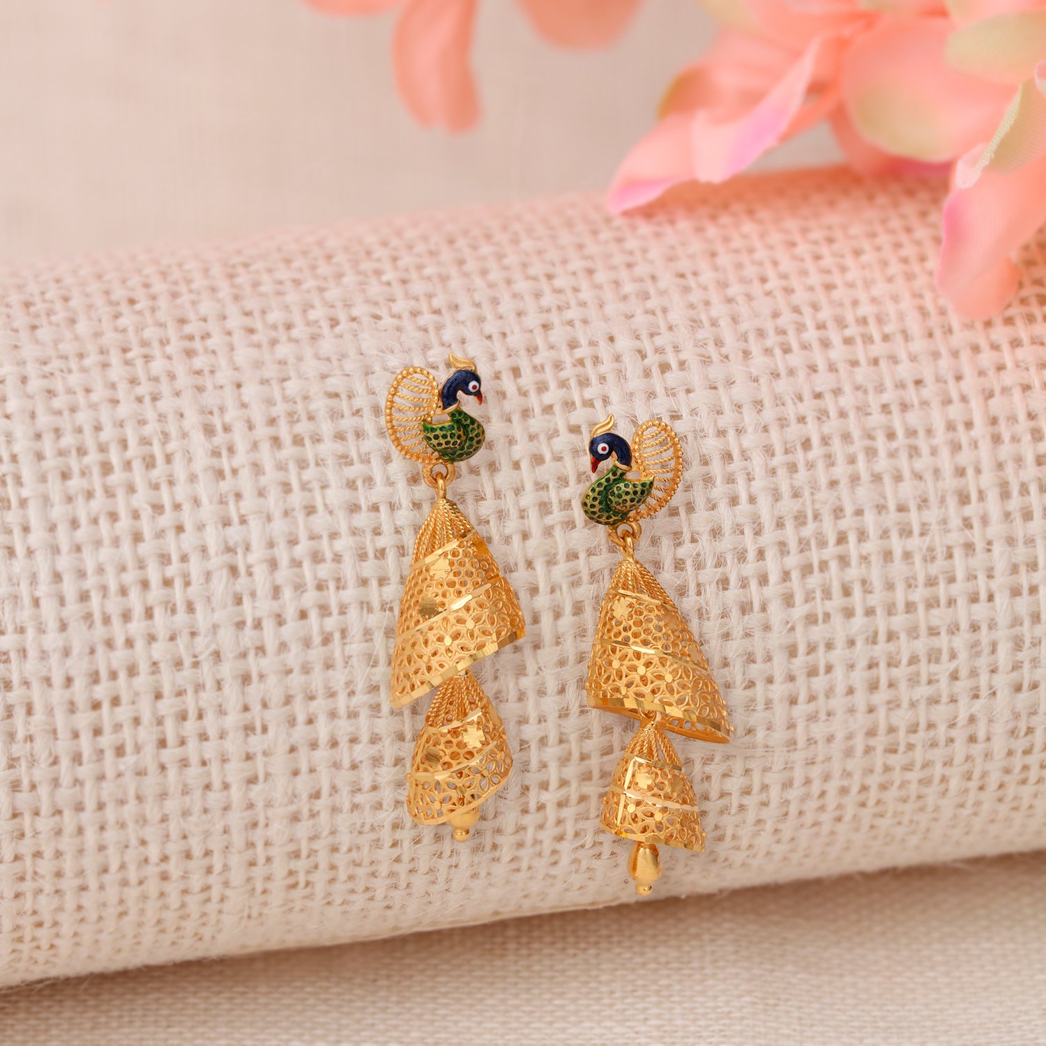 

Peacock Inspired Gold Jhumkas