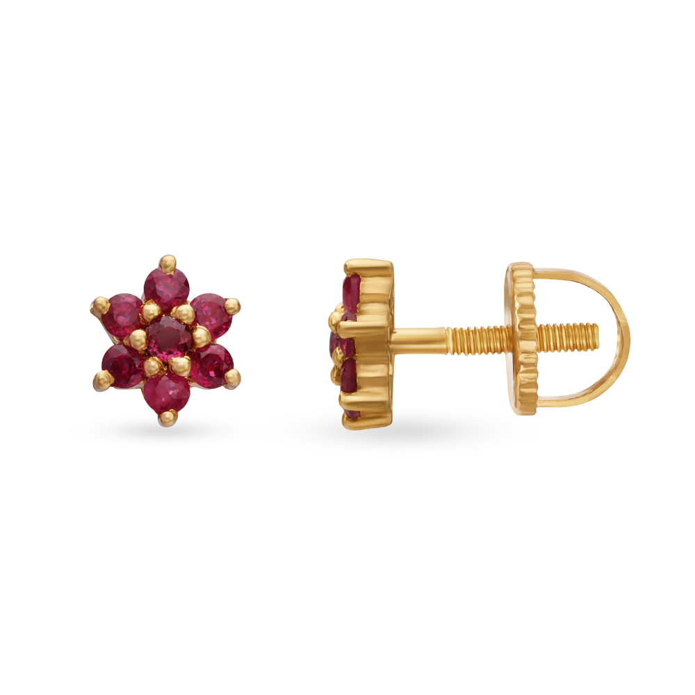 Chic Floral Ruby Gold Stud Earrings,,hi-res image number null