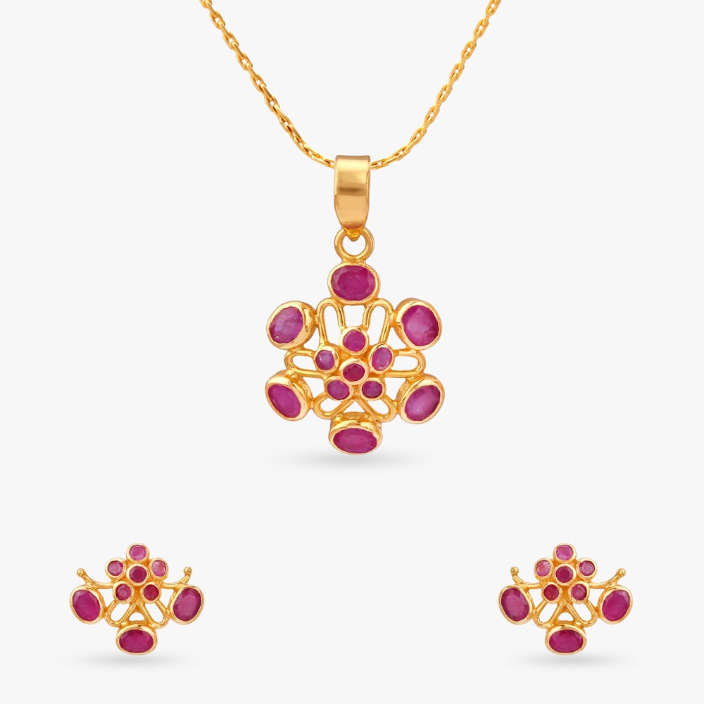

Whimsical Bloom Ruby Pendant and Earrings Set