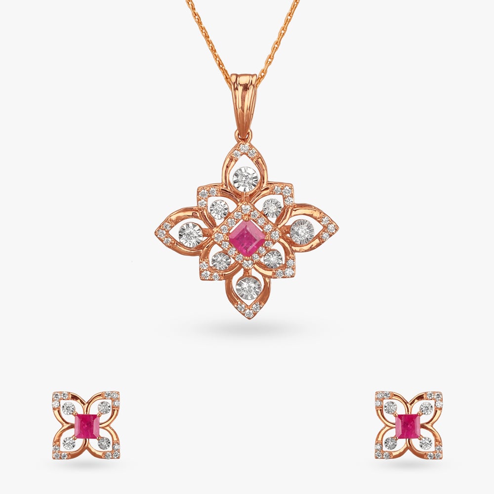 

Ruby Blossom Diamond Pendant and Earrings Set