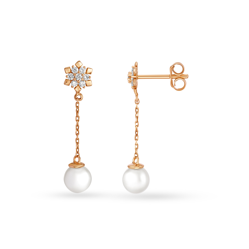 Exquisite Diamond Drop Earrings in Rose Gold with Pearls,,hi-res image number null